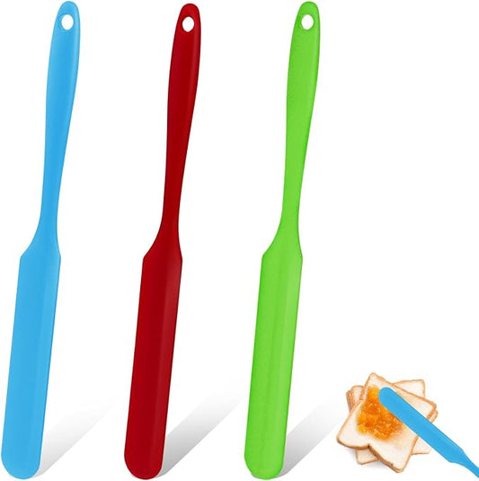 3pcs Silicone Jar Spatula Heat Resistant Kitchen Spatulas with Long Handle, Jam Spreader Cake Cream Butter Spatulas Mixing Batter Scraper for Jars Baking Cake Icing(Blue&Red&Green)