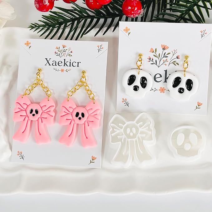 Xaekicr Skull Bow & Cartoon Skeleton Polymer Clay Cutters – Halloween Clay Earring Cutters for DIY Earrings – Cute Polymer Clay Molds for Jewelry Making – Clay Tools for Craft Lovers