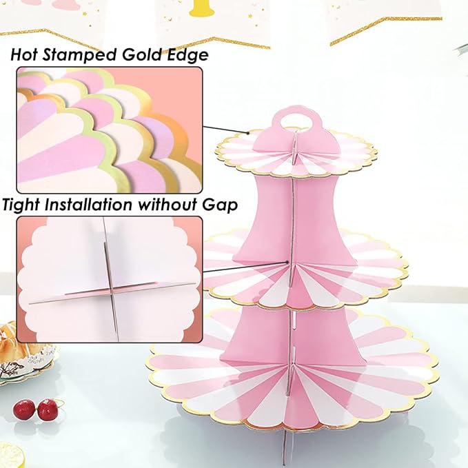2 PACK Cardboard Cake Stand, 3 Tier Paper Dessert Round Cupcake Holder Tower Disposable Pastry Stand for Birthday, Afternoon Tea,Wedding Party Anniversary Christening Fruit Desserts Display…