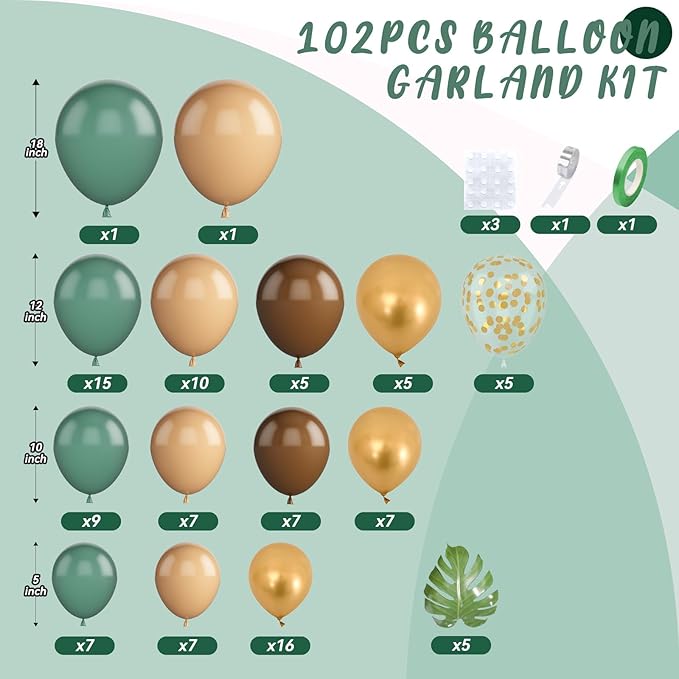 Woodland Balloon Arch Kit, Sage Green Brown Nude Metallic Confetti Gold Deer Foil Balloons with Palm Leaves for Boy Baby Shower Decoration Safari Jungle Birthday Party Gender Reveal