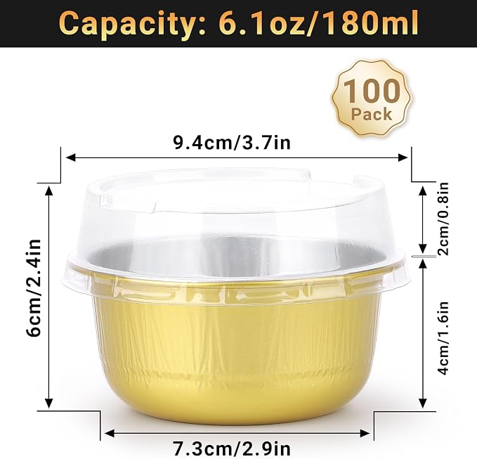 Beasea Aluminum Ramekins With Lids, 100 Pack 6.1oz 180ml Disposable Foil Aluminum Baking Cups Round Oven Baking Mini Cupcake Cups for Party - Gold