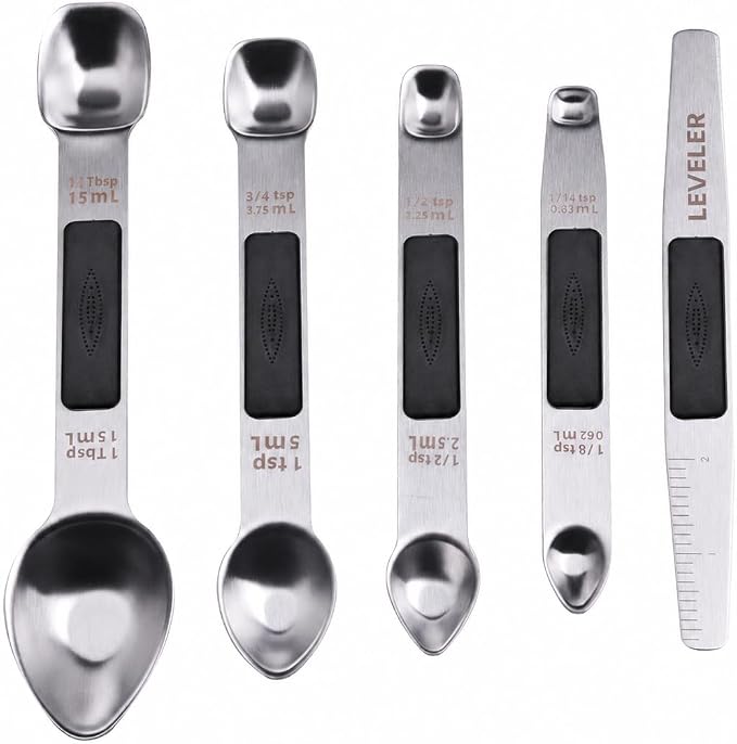 Stainless Steel Magnetic Measuring Spoons Set, Heavy Duty Metal Kitchen Gadgets for Baking & Cooking, Fits in Most Kitchen Spice Jars, Set of 4 with Leveler (Black)