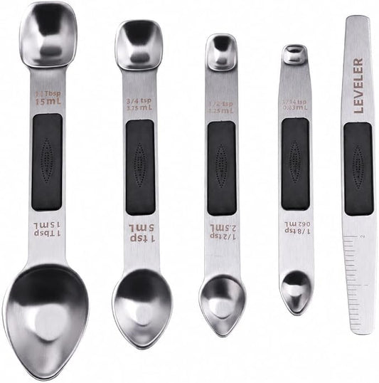 Stainless Steel Magnetic Measuring Spoons Set, Heavy Duty Metal Kitchen Gadgets for Baking & Cooking, Fits in Most Kitchen Spice Jars, Set of 4 with Leveler (Black)