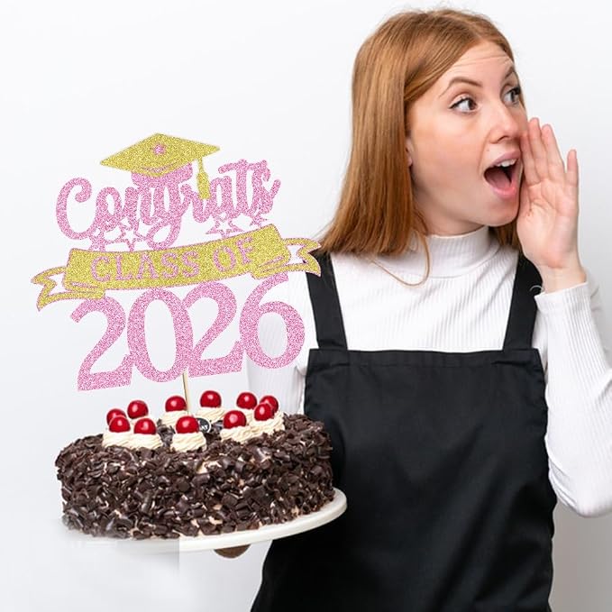 Glitter Class of 2026 Cake Topper，Congrats Grad Decorations， 2026 Happy Graduation High School/College/University Graduation Party Supplies Pink and Gold