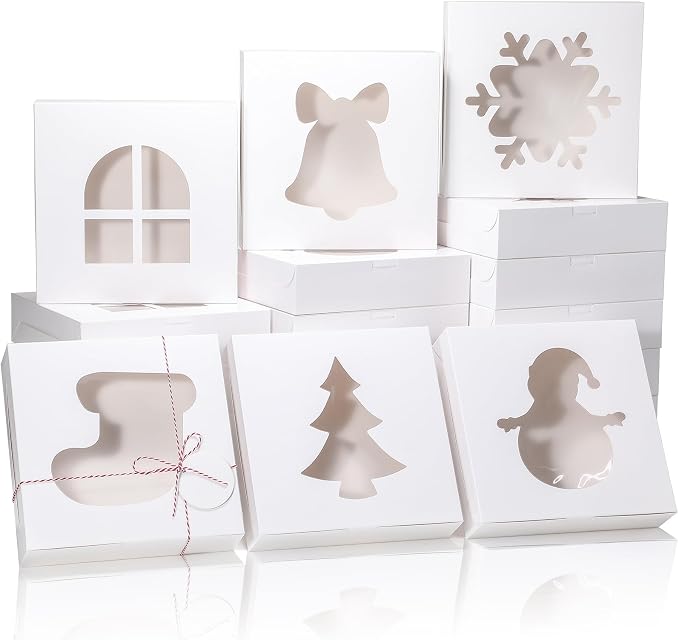 COTOPHER 18Pcs Christmas Cookie Boxes with Window, 10x10x2.5 inch White Bakery Boxes for Gift Giving, Kraft Treat Boxes Dessert Boxes for Cakes Donuts Chocolate Strawberries Pastries Muffins
