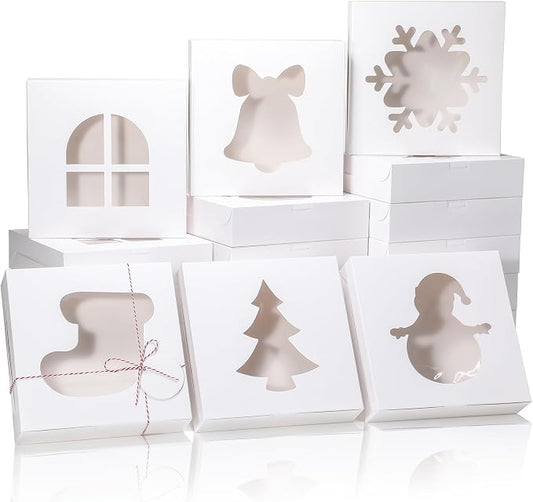 COTOPHER 18Pcs Christmas Cookie Boxes with Window, 10x10x2.5 inch White Bakery Boxes for Gift Giving, Kraft Treat Boxes Dessert Boxes for Cakes Donuts Chocolate Strawberries Pastries Muffins