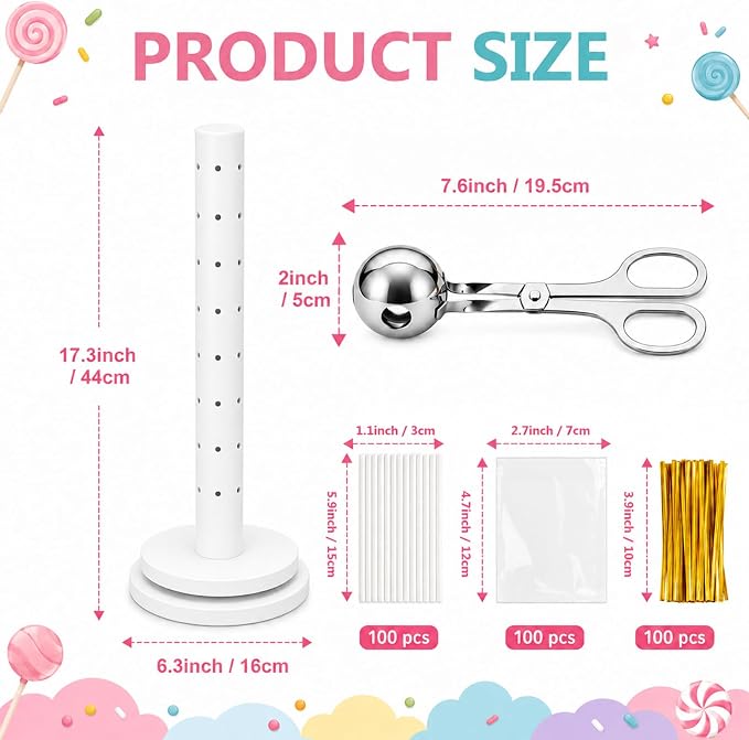 2Pack Wooden Cake Pop Stand Kit with 360° Spinning Base, 49Hole Lollipop Holder with Cake Ball Scoop, 100 Paper Sticks, 100 Clear Treat Bags and 100 Twist Ties, Easy Twist Assembly for Parties (White)