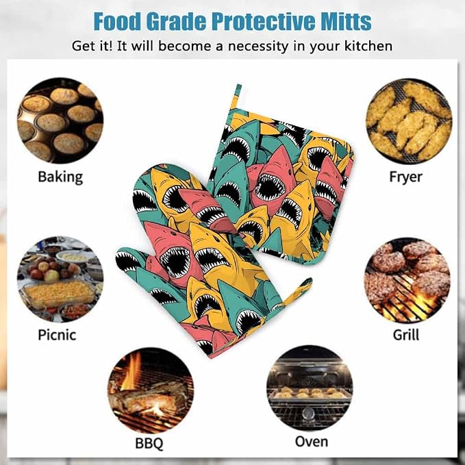 Mxocom Shark Oven Mitts and Pot Holders Sets Sea Ocean Fish Angry Sharks Wide Mouth White Teeth Aqua Silicone Heat Resistant Kitchen Oven Gloves Pot Holder for Cooking