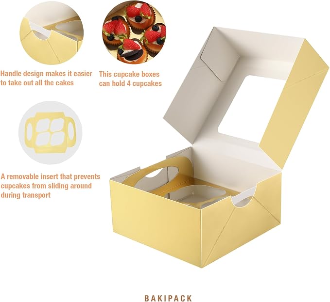 25 Gold Cupcake Boxes, 4 Count Cupcake Containers with Window and Inserts, 6.3×6.3×3 Inches Cupcake Holders for Cupcakes, Muffins, Cookies, Desserts, Pastries