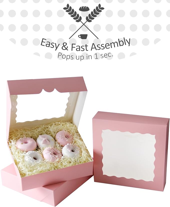 qiqee 9x9x2.5 Inch Pink Pie Boxes with Window 12Packs Cookie Donut Bakery Box (Auto-pop Up)