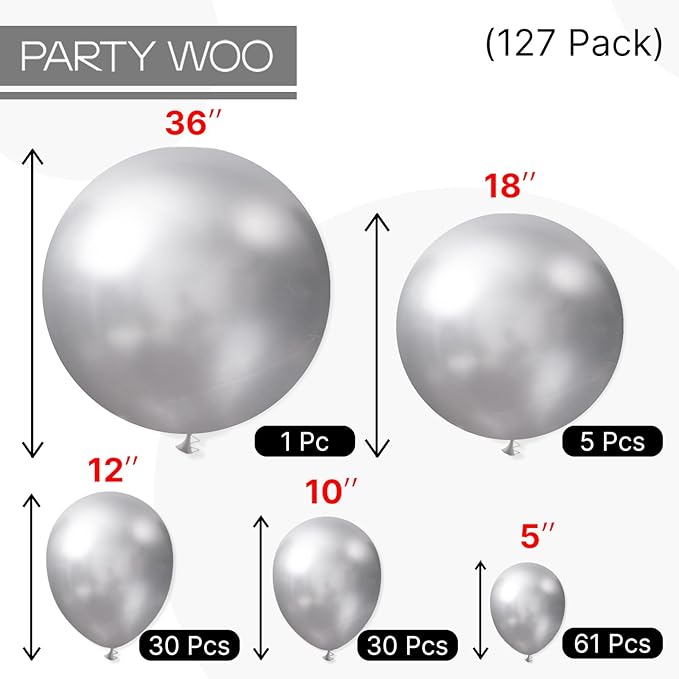PartyWoo Silver Balloons 127 pcs Different Sizes of 36 18 12 10 5 Inch Silver Balloon Arch Kit Garland for Birthday Graduation Engagement Bachelorette Bridal Shower Party Decorations Silver-G102
