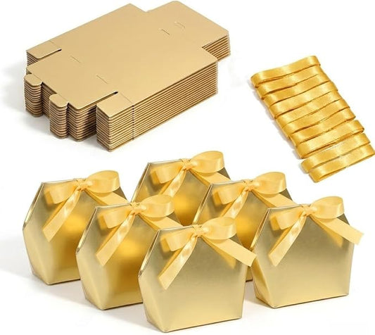 Rowcay Small Gift Boxes with Ribbons, 16 Pack Gold Foldable Empty Gift Boxes for Wedding Party Favors, Cookies, Candy, Jewelry, Small Presents, Gift Packaging and Favor Displays