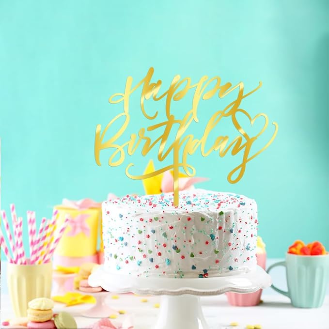 Happy Birthday Cake Topper, Gold Mirror Acrylic Cake Decorations | Cake Sign Decorations, For Boy Girl Children or Adults, Birthday Party Decoration Ideas, Anniversary/Birthday Party Supplies