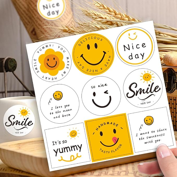 Smile Face Stickers, 180pcs Happy Face Labels 2inch Round Square Cute Handmade Sweetness Stickers for Bakery Packaging Gift Bags Envelopes Cookie Boxes Thank You Notes