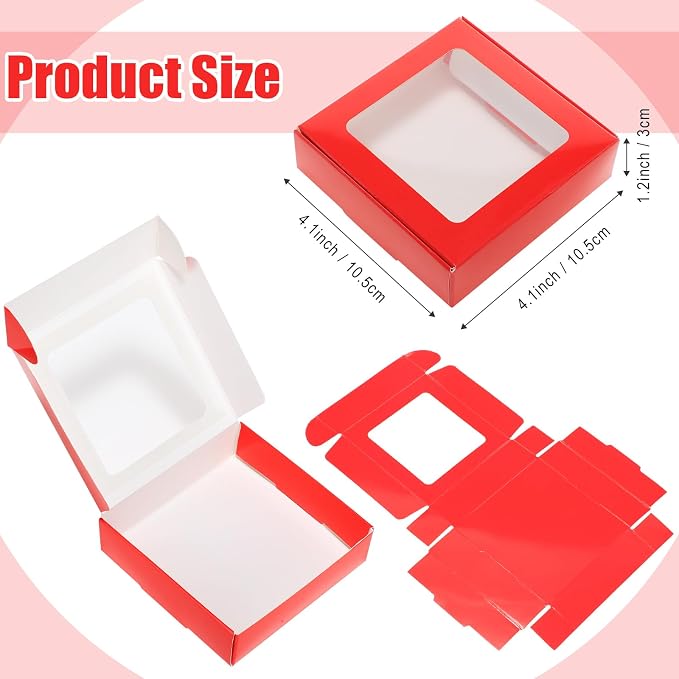 Zonon 60 Pcs Kraft Paper Boxes with Window 4.13 x 4.13 x 1.18 Inch Candy Packaging, Small Gift Boxes, Soap holder, Mini Treat Packaging for Bakery Chocolate Jewelry Display (Red)