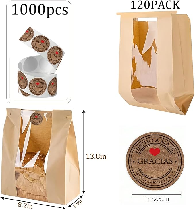 Sourdough Bread Bags with Tin Tie Lock - 120 Pack 13.8x3.5x8.2 Inch Paper Bread Bags for Homemade Bread Cookie Bags with Clear Window 1000 Labels Bakery Bags for Bread Storage Baked Goods Packaging