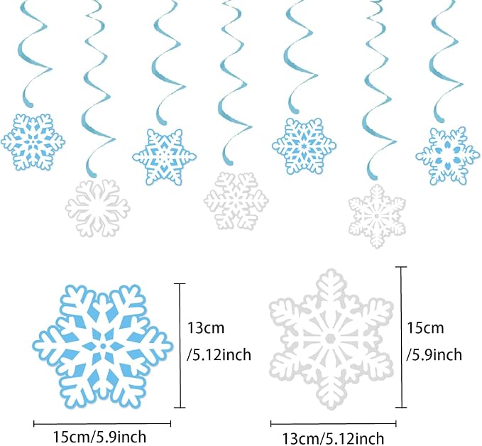 Zwiebeco Blue White Snowflakes Happy Birthday Party Decoration Sign Banner Hanging Paper Swirls for Kids Girls Womens Adults Winter Wonderland Themed Accessories Supplies