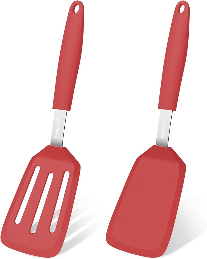 2 Pack Silicone Kitchen Spatula Set, 600°F Heat Resistant (Red) | BPA Free, Solid & Slotted Turner, Non-Toxic Cooking Utensils, Safe for Non Stick Frying Pan, Dishwasher Safe