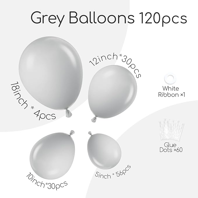 120pcs Gray Balloons, 18 12 10 5 inch Grey Balloons Different Sizes Gray Balloon Arch Kit for Birthday Baby Shower Wedding Anniversary Party Decorations