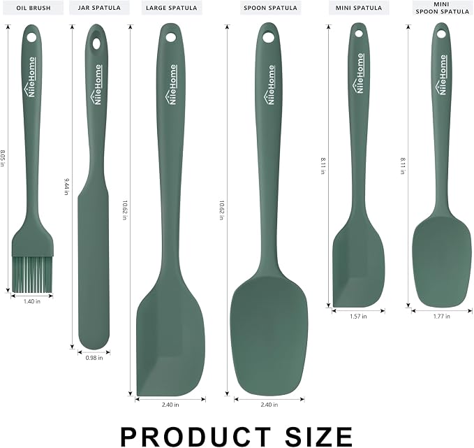 NileHome Silicone Spatula Set, 6 Pieces Food Grade Kitchen Utensils with Silicone Brush Heat Resistant Up to 600°F Dishwasher Safe BPA-Free Rubber Spatula for Scraping, Baking, Cooking, Mixing-Green
