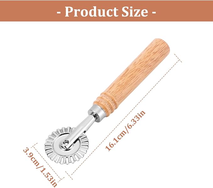 SHANGSKY Pastry Cutter Wheel, Ravioli Cutter Wheel with Long Wooden Handle, Pasta Cutter Dumpling Lace Making Noodle Ruffled Edge Cookies Pie Cutter Kitchen Dough Cutting Tool