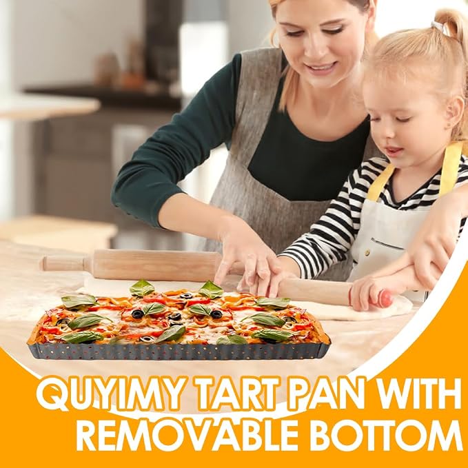 Rectangle Tart Pan with Removable Bottom, 14 Inch Perforated Tart Quiche Pan Nonstick Pie Pan with Oil & Dish Brush, Baking Tray with Loose Bottom for Fluted Pies, Quiche,Tart