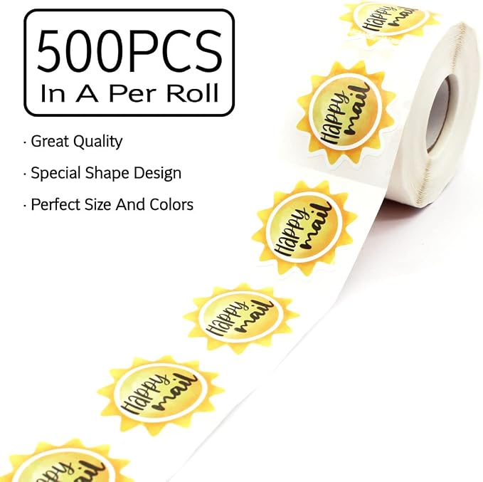 Happy Mail Stickers Roll 500 Labels Per,Cute Sun Mailing Stickers for Small Business Envelopes Shipping Package Packing