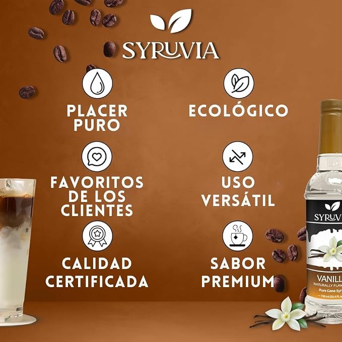 Syruvia Coffee Syrup, Vanilla Flavored Syrup for Drinks, Lattes, and Desserts – 25.4 fl oz - with Pump