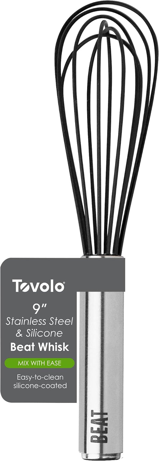 Tovolo Whisk 9 Inch Heavy Duty Silicone Wire Stainless Steel Whisker for Cooking Baking Blending Mixing Stirring Whipping Whisking, Dishwasher Safe Multi Function Classic French Wire Whisk, Black