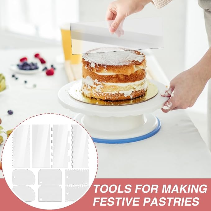 Cake Scraper Set 10 Piece, Icing Smoother and Frosting Comb Tools, 6 PP Scrapers + 4 Clear Acrylic Edge Combs, Sizes up to 9.45 x 3.94 in, for Buttercream Fondant Mousse