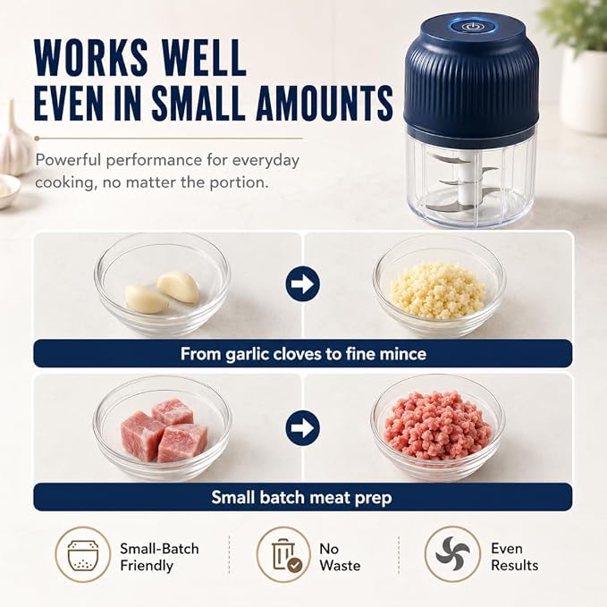 Household Electric Garlic Crusher, Mini Electric Food Chopper with 6 Blades, 350ml Cordless Garlic Mincer with Lid, One-Touch Food Processor for Onion, Ginger, Chili, Herbs, Nuts (Mixed)
