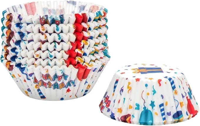 200 Paper Cupcake Liners, Muffin Liners or Baking Cups for Desserts, Muffins, Cupcakes and More Treats; Grease Proof, No Smell, Food Grade, Nut Serving Containers (Birthday)