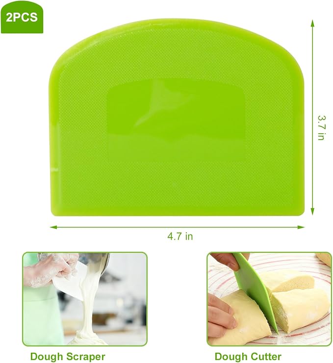 Dough Scraper, Sourdough Bread Baking Supplies, Pizza Cutter, Bowl Scraper, Plastic Dough Scraper, for Non-Slip Bakeware Decorating Tools, Sculpting, Bread Dough (2, White+ Green)