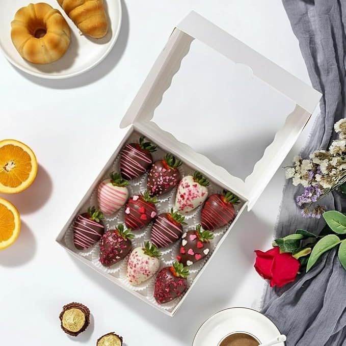 25Pack 9X9X2.5 Inches White Bakery Boxes with Window, Pastry Box for Chocolate Strawberries, Macarons, Truffles, Ideal for Valentine's Day, Mother's Day, Christmas Party Favors & Holiday