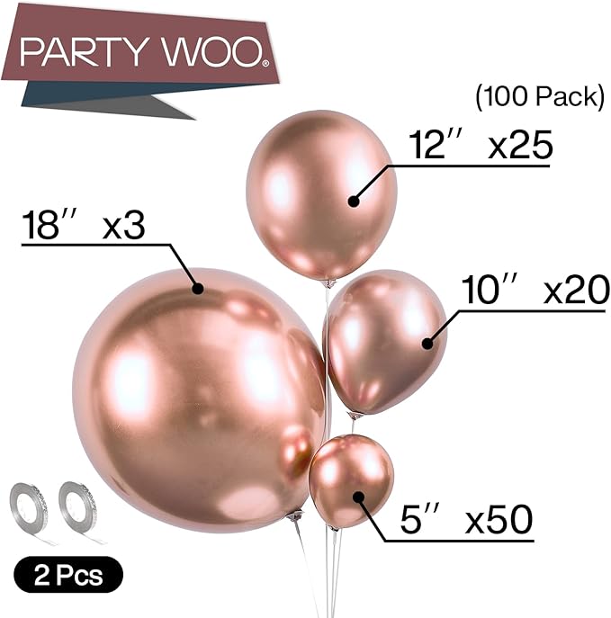 PartyWoo Rose Gold Balloons 100pcs Different Sizes of 18 12 10 5 Inch Gold Balloon Arch Kit Garland for Birthday Graduation Bachelorette Bridal Shower Wedding Party Decorations Rose Gold-G107
