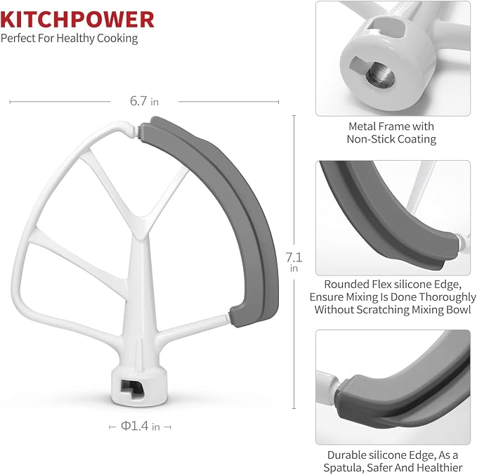 KITCHPOWER 6 Quart Flex Edge Beater for KitchenAid Bowl-Lift Stand Mixers, Paddle Attachment Mixer Accessory