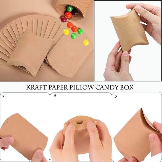 50 Pcs Kraft Paper Pillow Gift Boxes,3.5x2.6 Inch Mini Folding Treat Boxes, Creative Favor Box Folding Treat Boxes for Bakery, Candy, Jewelry, Wedding & Party Favors((Yellow-1)