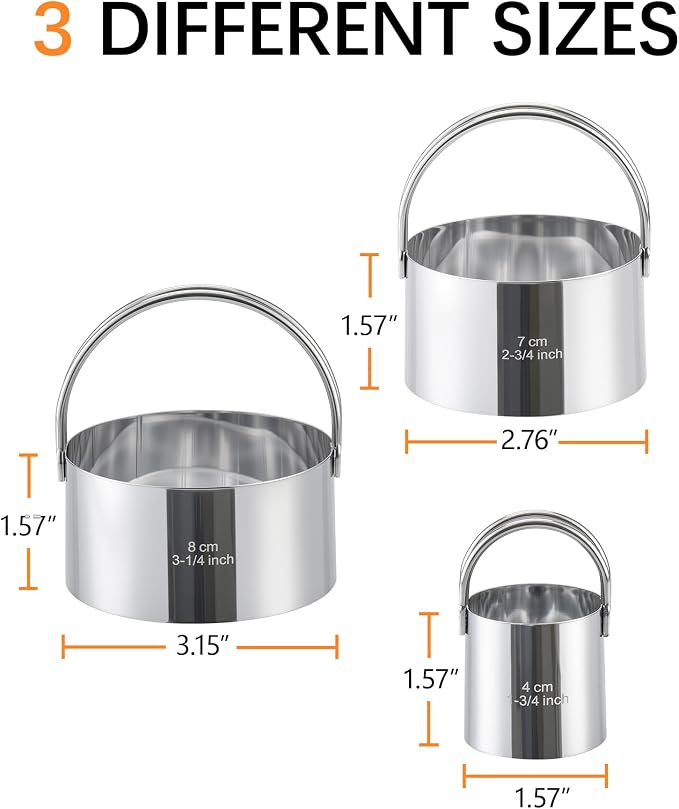 Biscuit Cutter Set with Handle, 3 Piece Stainless Steel Round Cookie Cutter Tool, Multi Size Circle Dough Donut Cutters for Baking Cakes, Biscuits, Pastry Dough