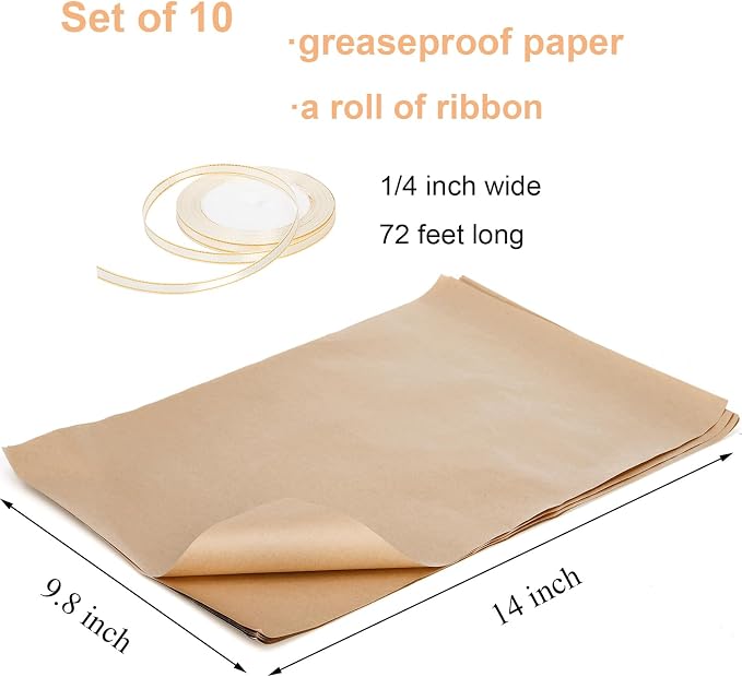 yarlung Set of 10 Kraft Bakery Box with Clear Window Lid, 14"x10"x3" Foldable Brown Paperboard Food Wrapping Tray with Greaseproof Paper for Cookies, Donuts, Pies, Picnic, Gift Packaging Ribbon
