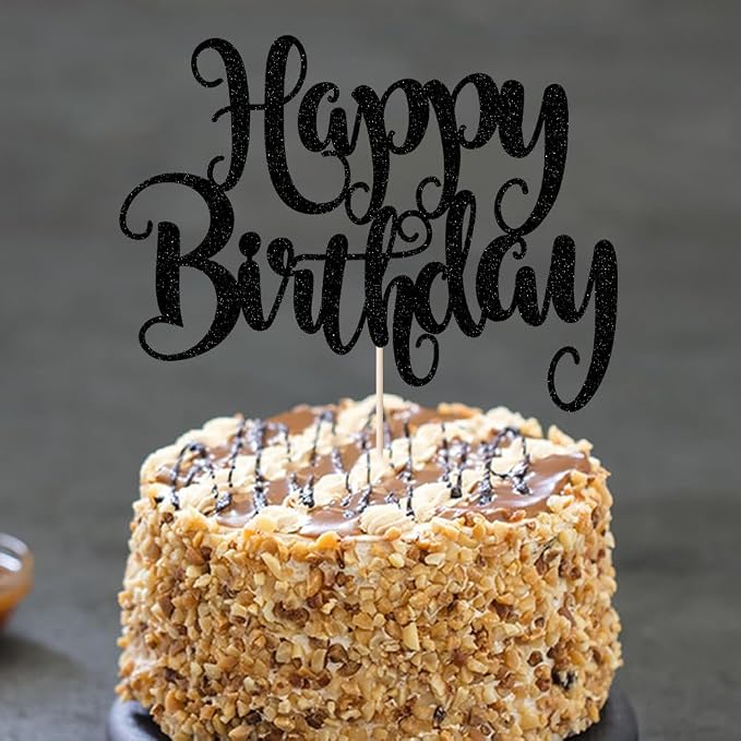 Happy Birthday Cake Topper- Glitter Happy Birthday Cake Decor, Handmade Anniversary/Birthday Party Supplies (Black)