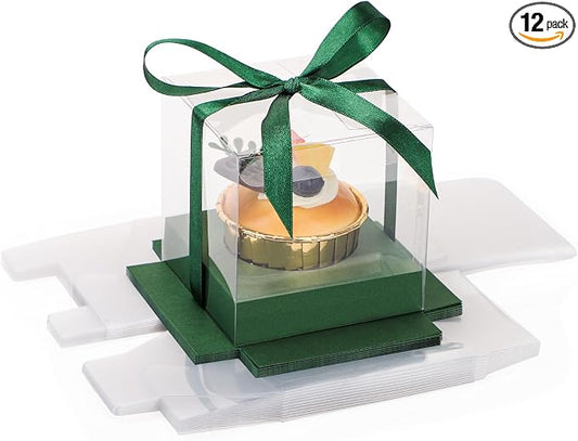 EUSOAR Disposable Green Cupcake Boxes, 12pcs 3.5 Inch Plastic Individual Cupcake Carrier Storage for Cake Dessert, Transparent Cupcake Holder Carrier with Ribbons for Wedding Party Bakery Favor