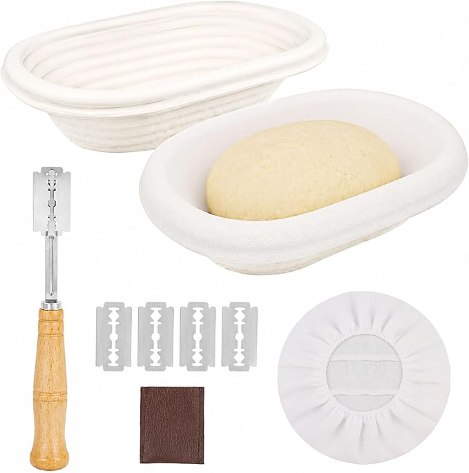 2 Pcs Banneton Bread Proofing Baskets with 2 Linen Liners & Bread Lame, Includes 5 Blades Replacement, Sourdough Proofing Baskets for Rising, Shaping, Scoring