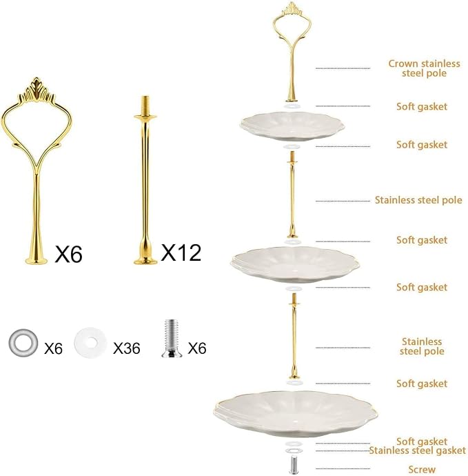 BetterJonny 6 Sets 3 Tier Cake Plate Stand Stand Handle, Cake Stand Hardware Handle Fittings Hardware Holder for Wedding and Party Making Dessert Platter Stand（Gold）