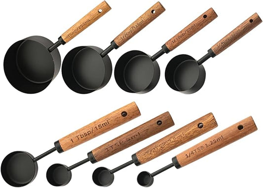Measuring Cups and Spoons Set of 8, Matte Black Stainless Steel Nesting Kitchen Measuring Set, Wood Handle Dry and Liquid Measuring Cups, For Cooking and Baking