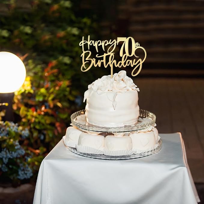 Happy 70th birthday cake Topper,Mirrored Gold Acrylic Durable Cake Topper,70th Birthday Party Cake Decorations,Hello 70th years old, Happy seventy years old, Birthday Party Decorations