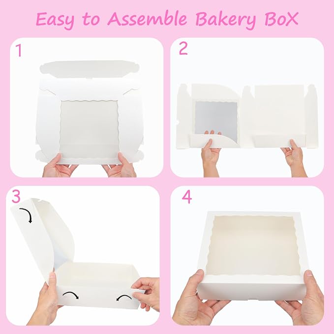 TEMLQPACK 6pcs 10x10x2.5 Inches White Bakery Boxes with Window, Pie, Cookies, Chocolate Covered Strawberries, Breakable Heart, Charcuterie Boxes for Christmas