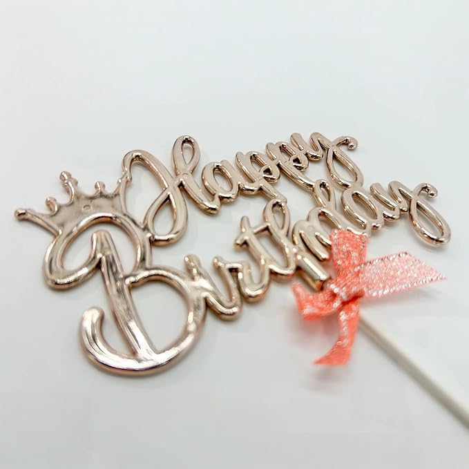 Upgraded Happy Birthday Cake Topper with Crown & Bow (Champagne)