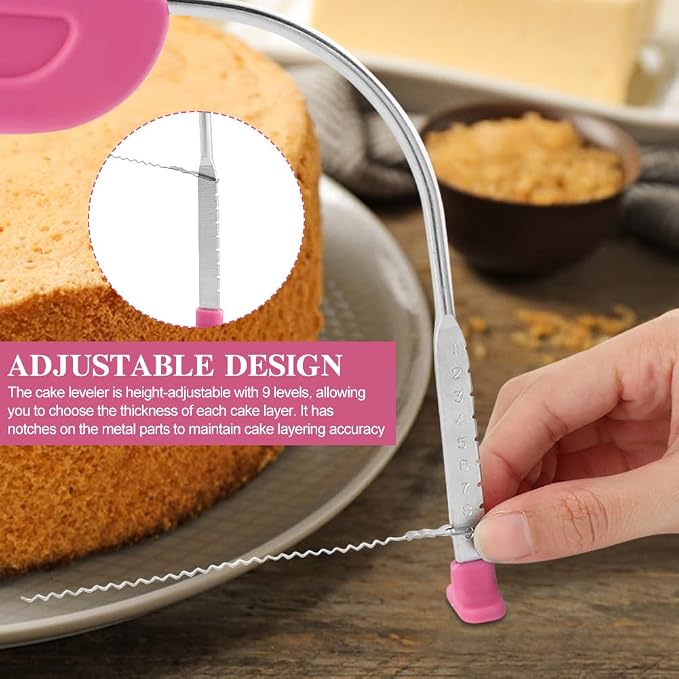 Adjustable Cake Leveler Cutter With 3PCS Cake Scrapers Set,Baking Supplies Tool for Kitchen,Large Size Cake-Cutter Slicer for Leveling,Single Stainless Steel Wire & Plastic Handle(COLOR:Rose Red)