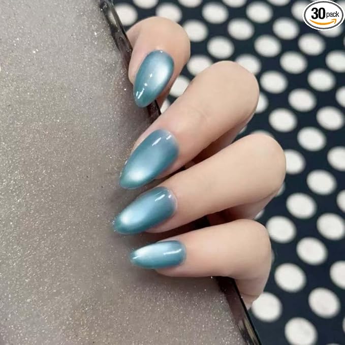 30Pcs French Press on Nails Short Almond ZWENJIE Cat Eye Fake Nails Press ons Nail Tips Stick on Nails Glossy Acrylic Nails Kit False Nails with Light Brown Design Nail Art for Women Glitter Manicure