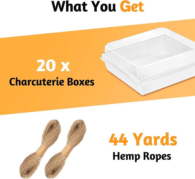 ZORRITA Large Charcuterie Boxes with Clear Lids, 7x7 Inch, 20 Pack, White | Disposable, Square, Kraft Paper, To Go Food Containers, Bakery Boxes, For Charcuterie Desserts Strawberries Cookies